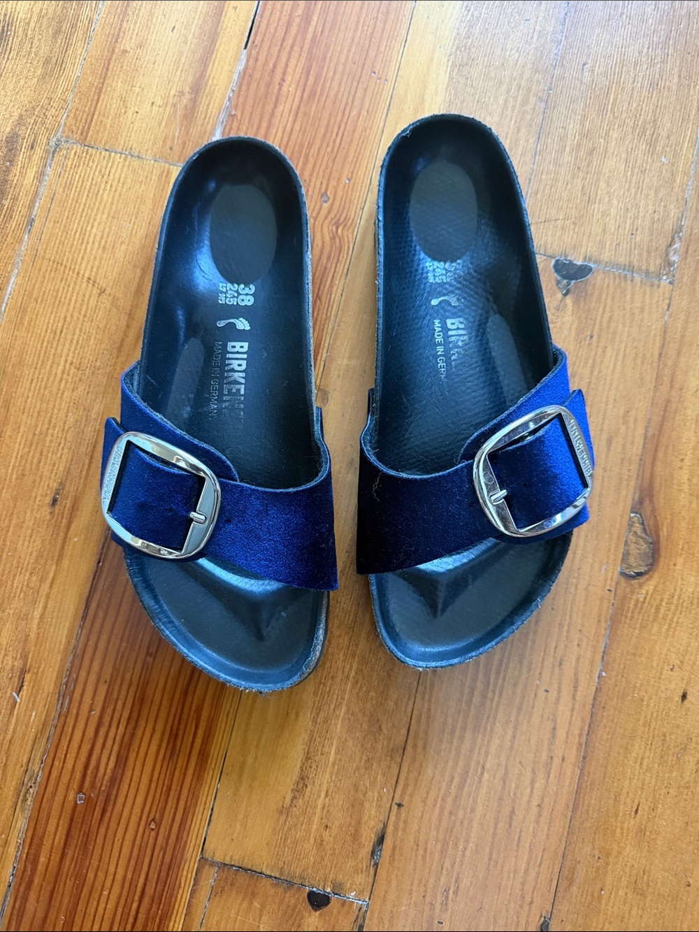 Birkenstock Madrid Velvet Slide Sandals in Dark Blue with Silver Buckles 38